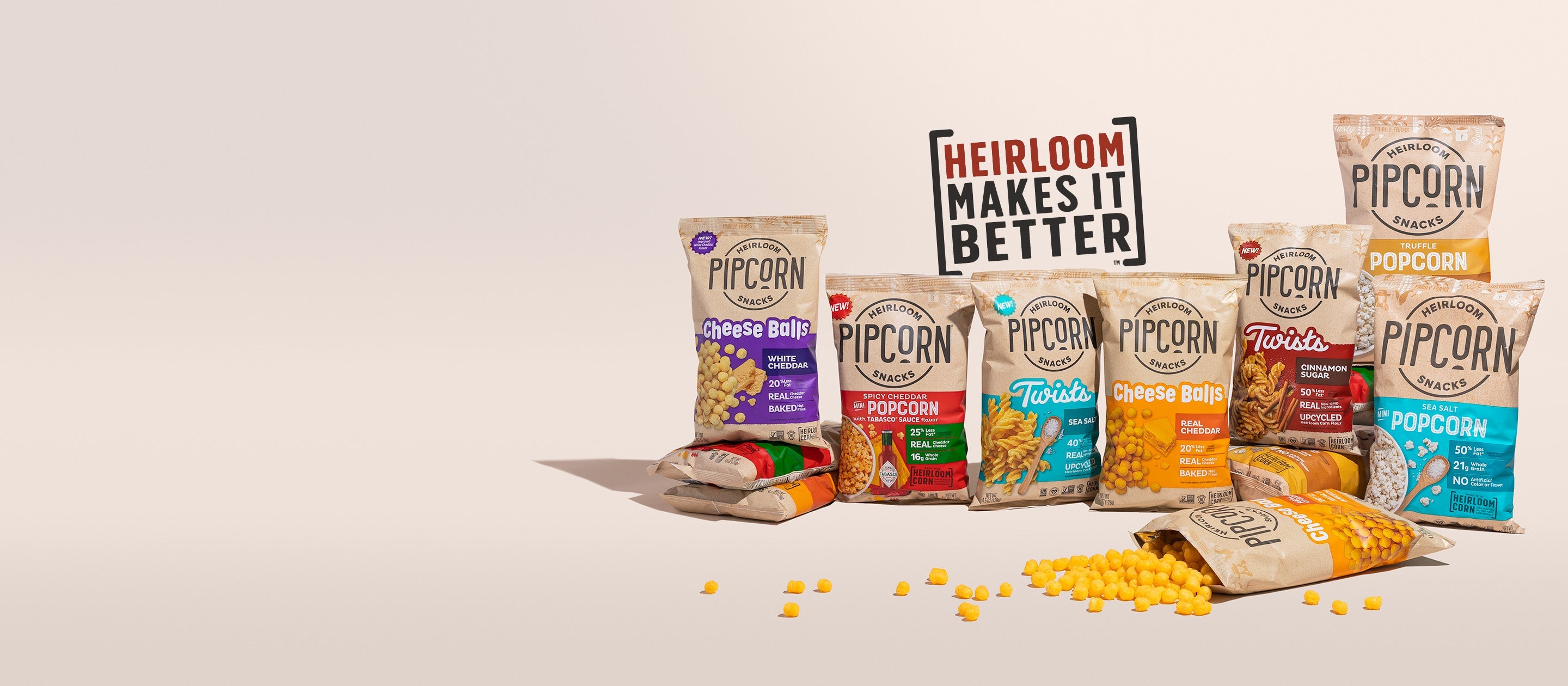 Pipcorn Pipcorn Heirloom Snacks: Popcorn, Cheese Balls, Corn Chips